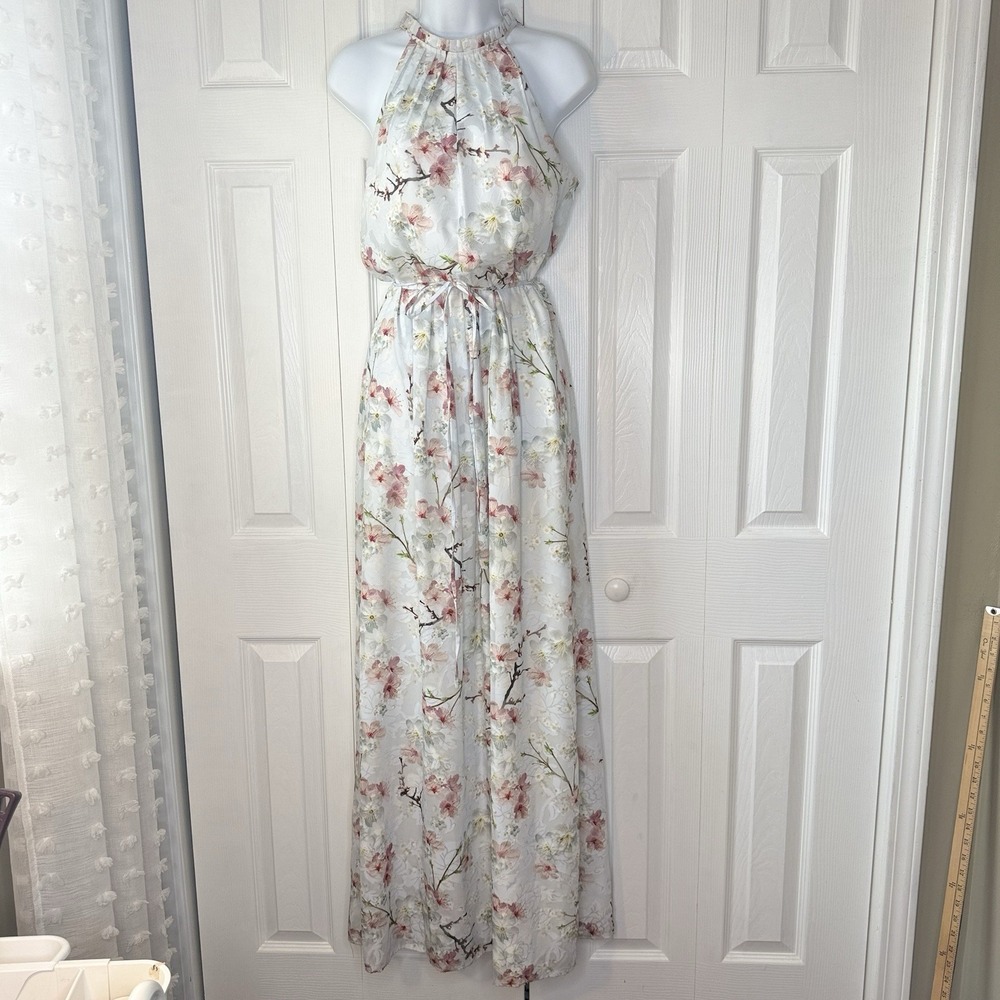 Ted Baker London Elynor Oriental Blossom Maxi Halter Dress Light Grey SZ 1 US 4
